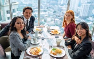 Group of friend reunion meet up presenting A2 Romanian Lessons about food